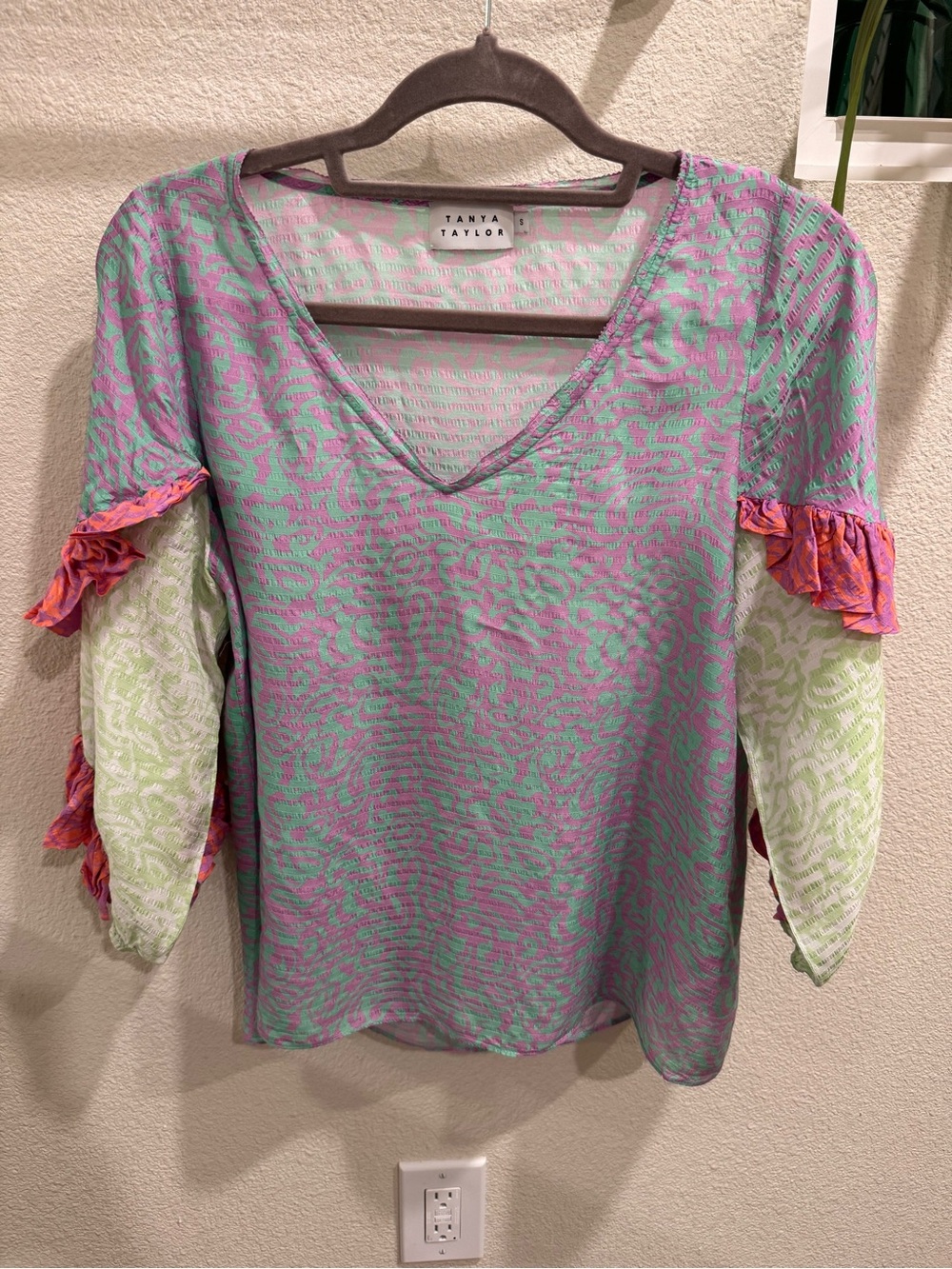 Tanya Taylor Mint Green & Pink V-Neck Ruffle Sleeve Blouse